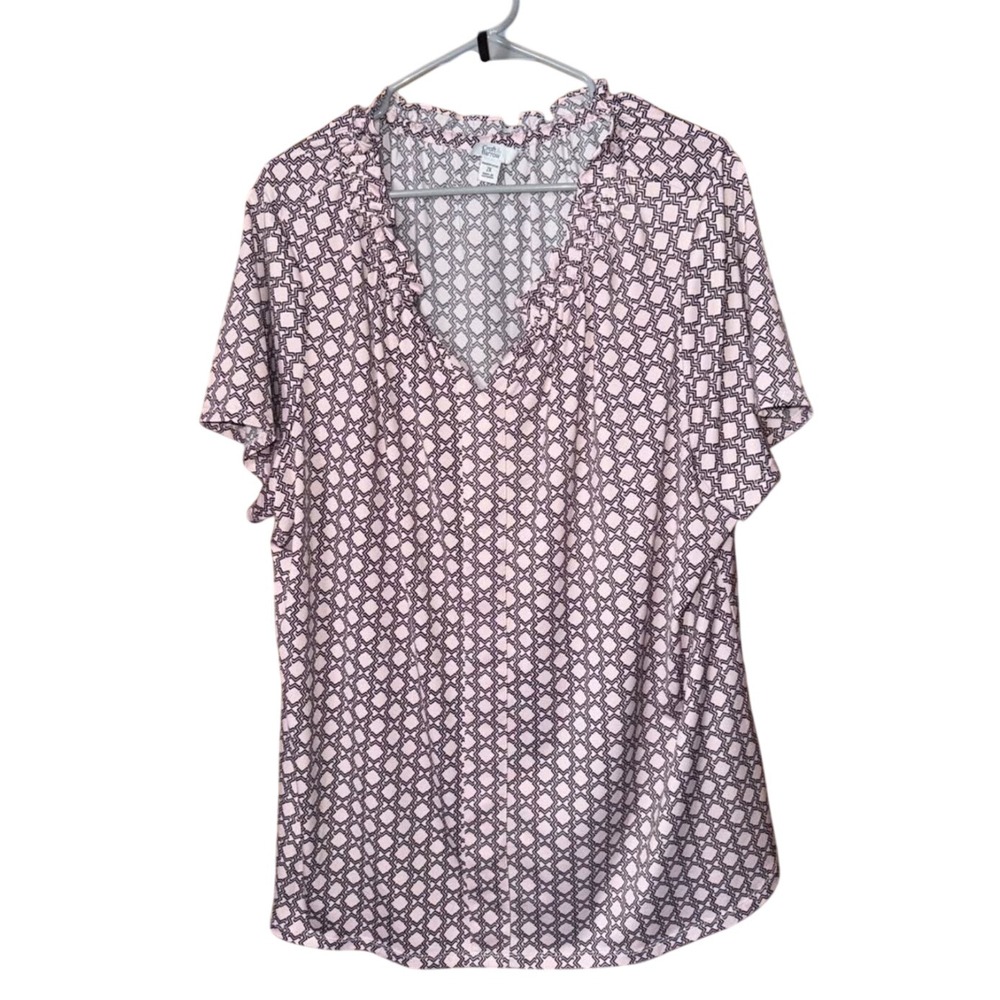 Croft & Barrow Blouse 2X Pink Geometric Ruffle V-Neck Short Sleeve Top